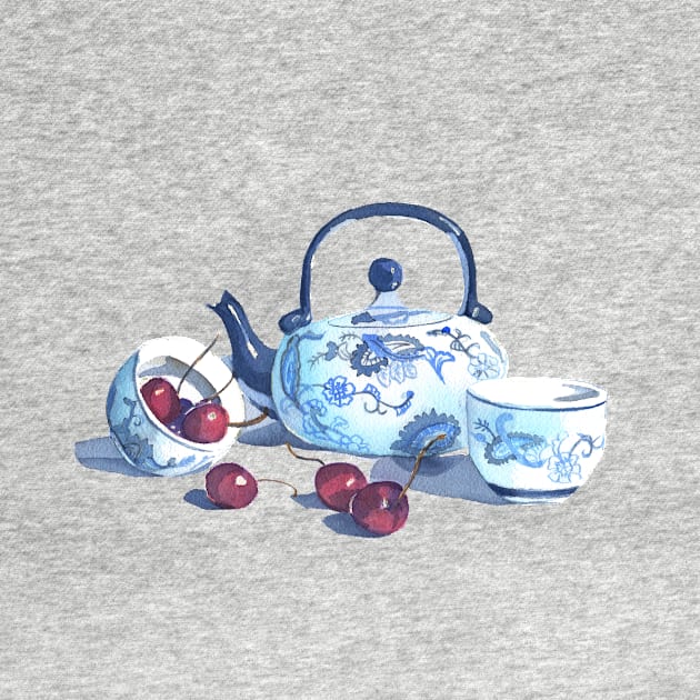 Chinese teapot with cherries - watercolors by kittyvdheuvel